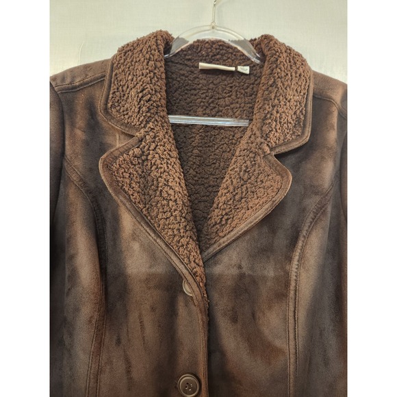 Denim & Co. Women's Brown Suede Sherpa Lined Coat Size L Velvety Plush Cozy Chic - Picture 4 of 10